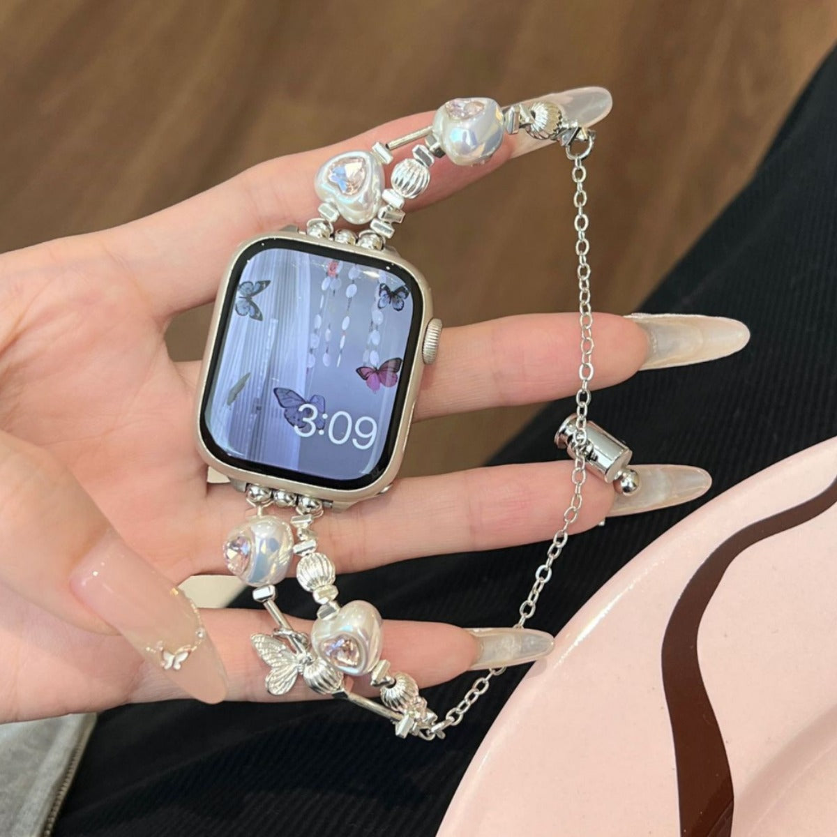 Correa para Apple Watch con cremallera metálica y mariposa de diamantes y corazón