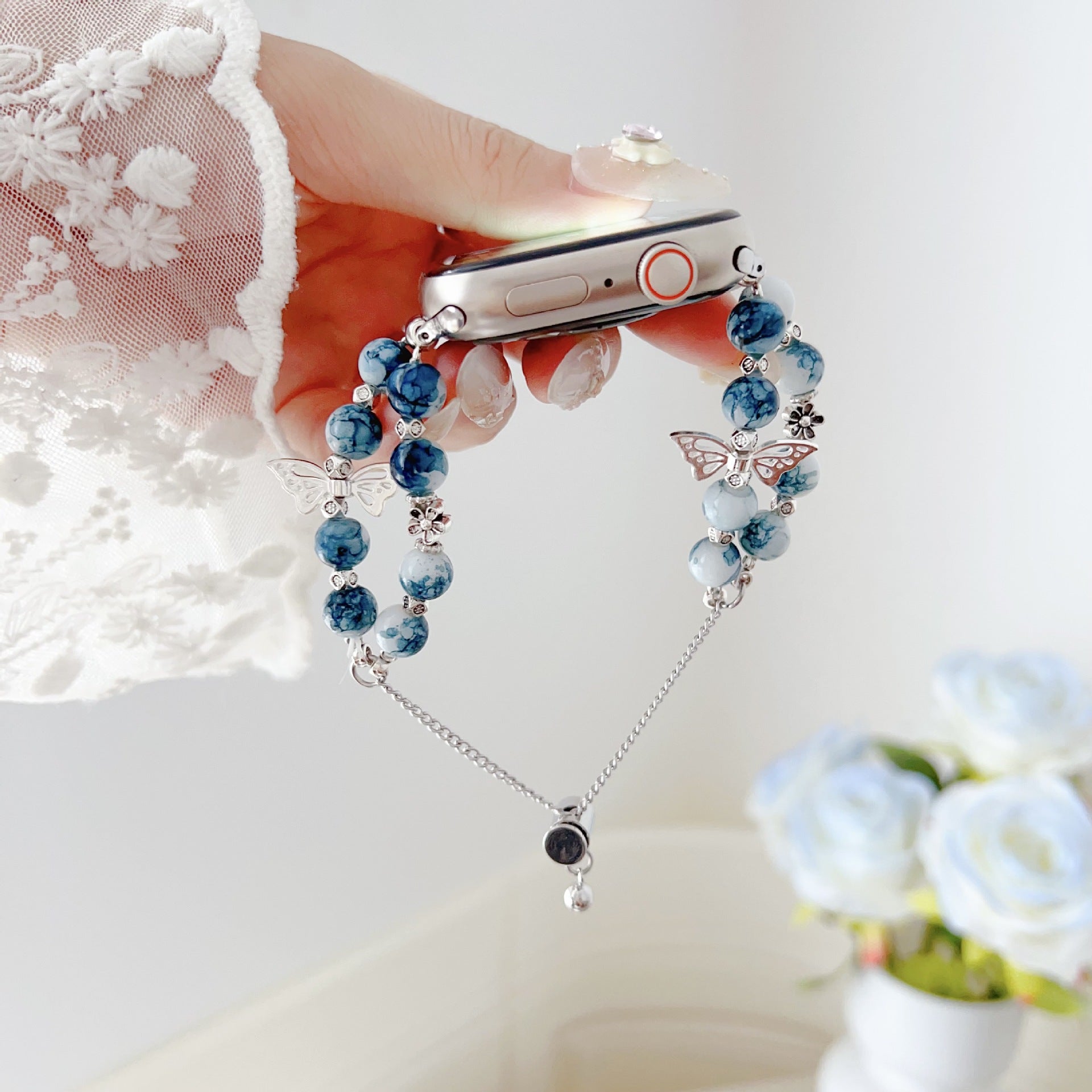 Bracelet papillon en porcelaine bleue et blanche Apple Watch Band